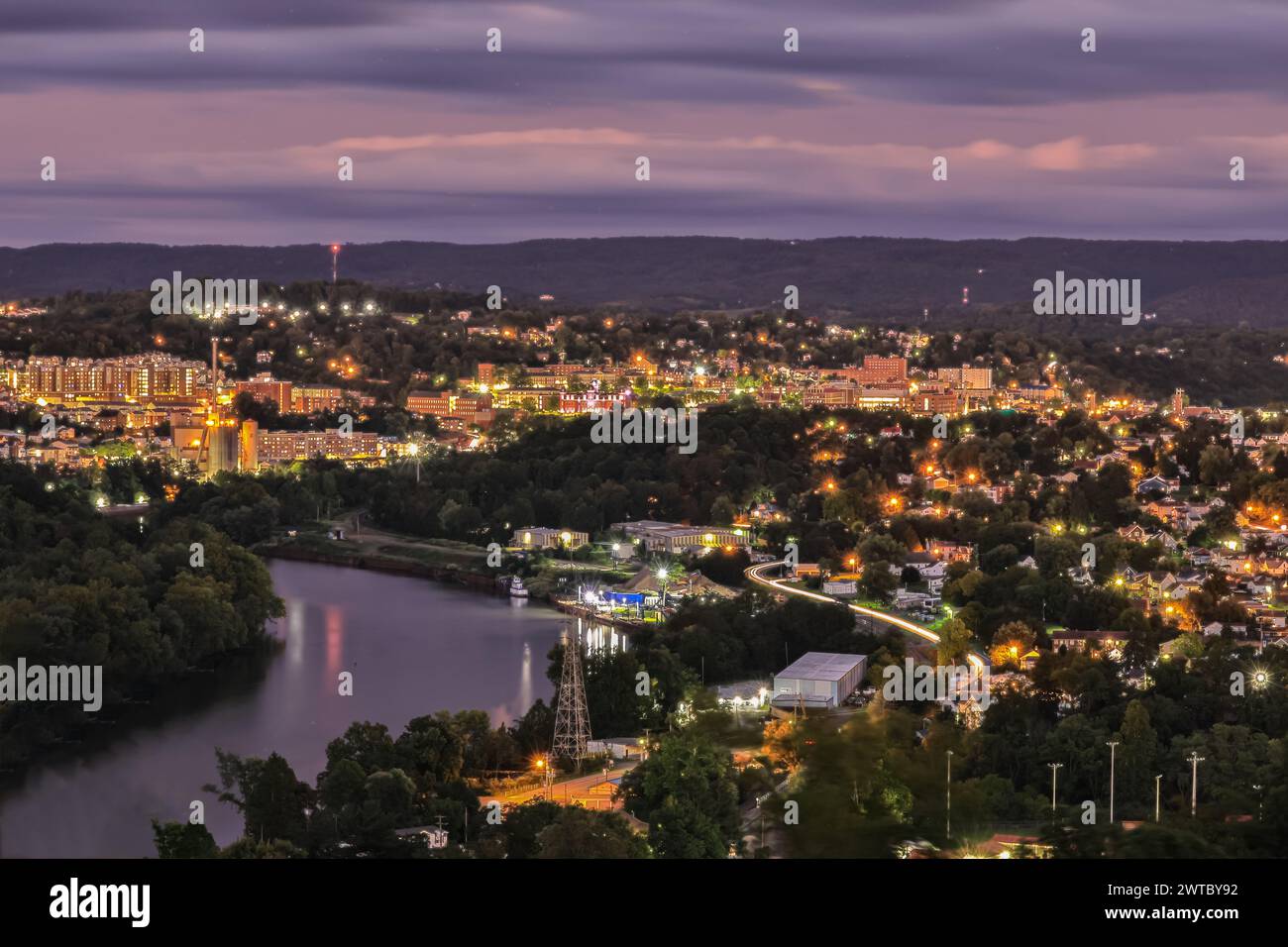 An aerial of the WV City Skyline Lights at Dusk Stock Photo