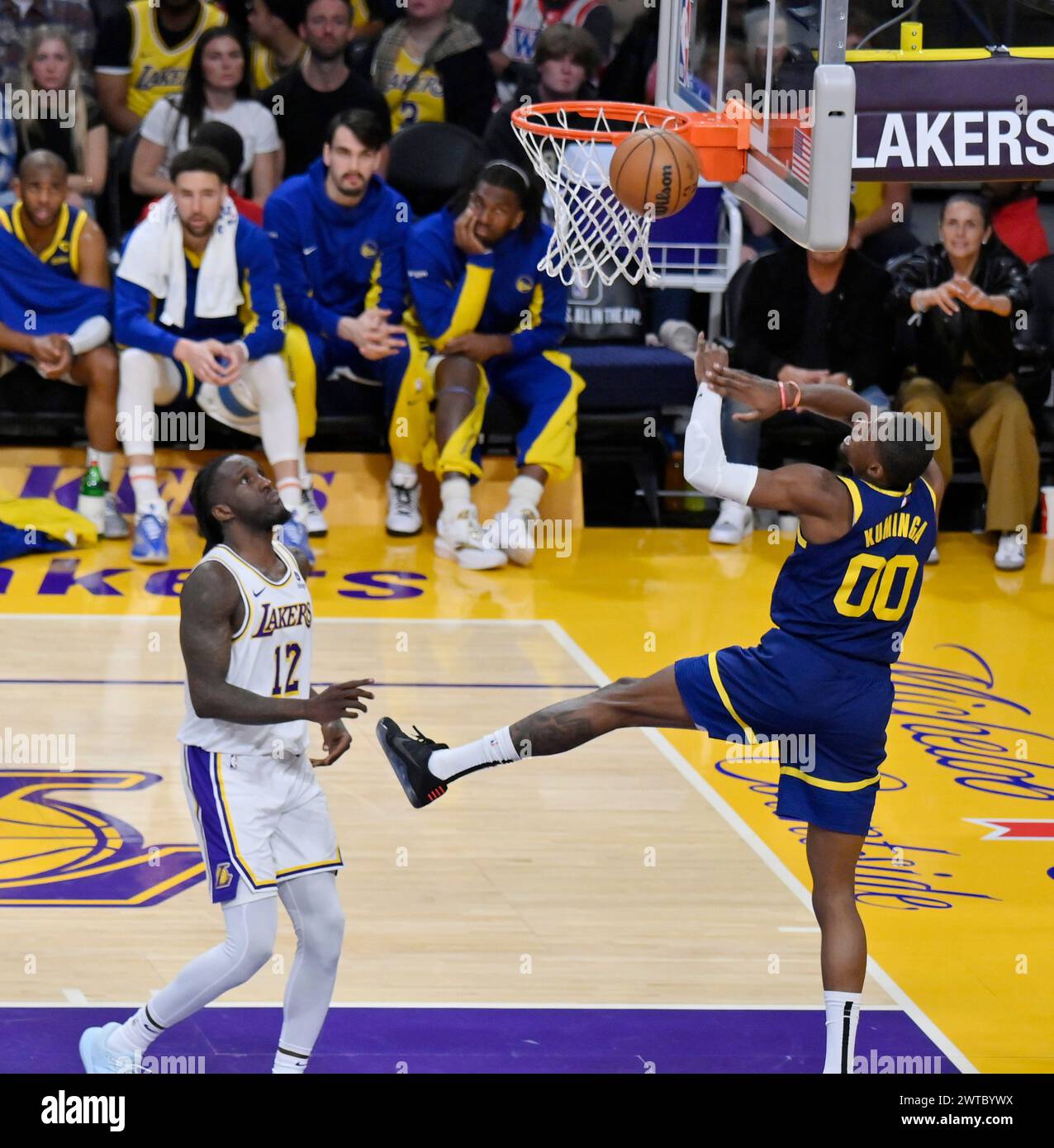 Los Angeles, United States. 16th Mar, 2024. Golden State Warriors forward Jonathan Kuminga's shot bounces off the rim during second half action against the Los Angeles Lakers at Crypto.com Arena in Los Angeles on Saturday, March 16, 2024. Photo by Jim Ruymen/UPI Credit: UPI/Alamy Live News Stock Photo