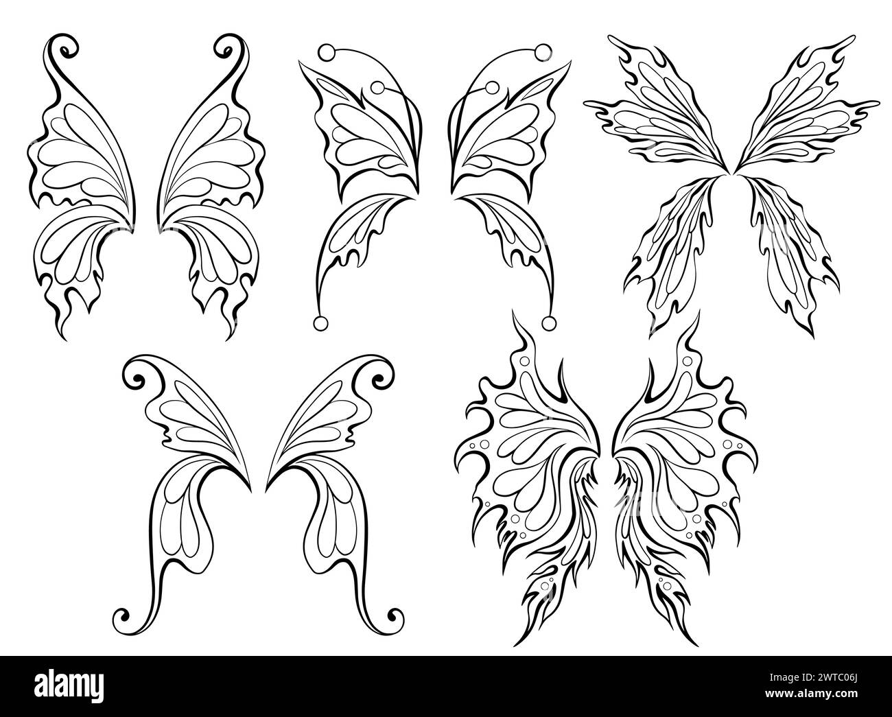 Vector set of contour fairy wings. Collection of line art monochrome