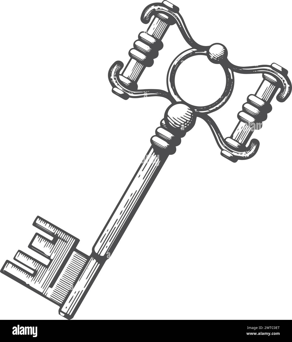 Medieval metal key with ornate filigree engraving Stock Vector