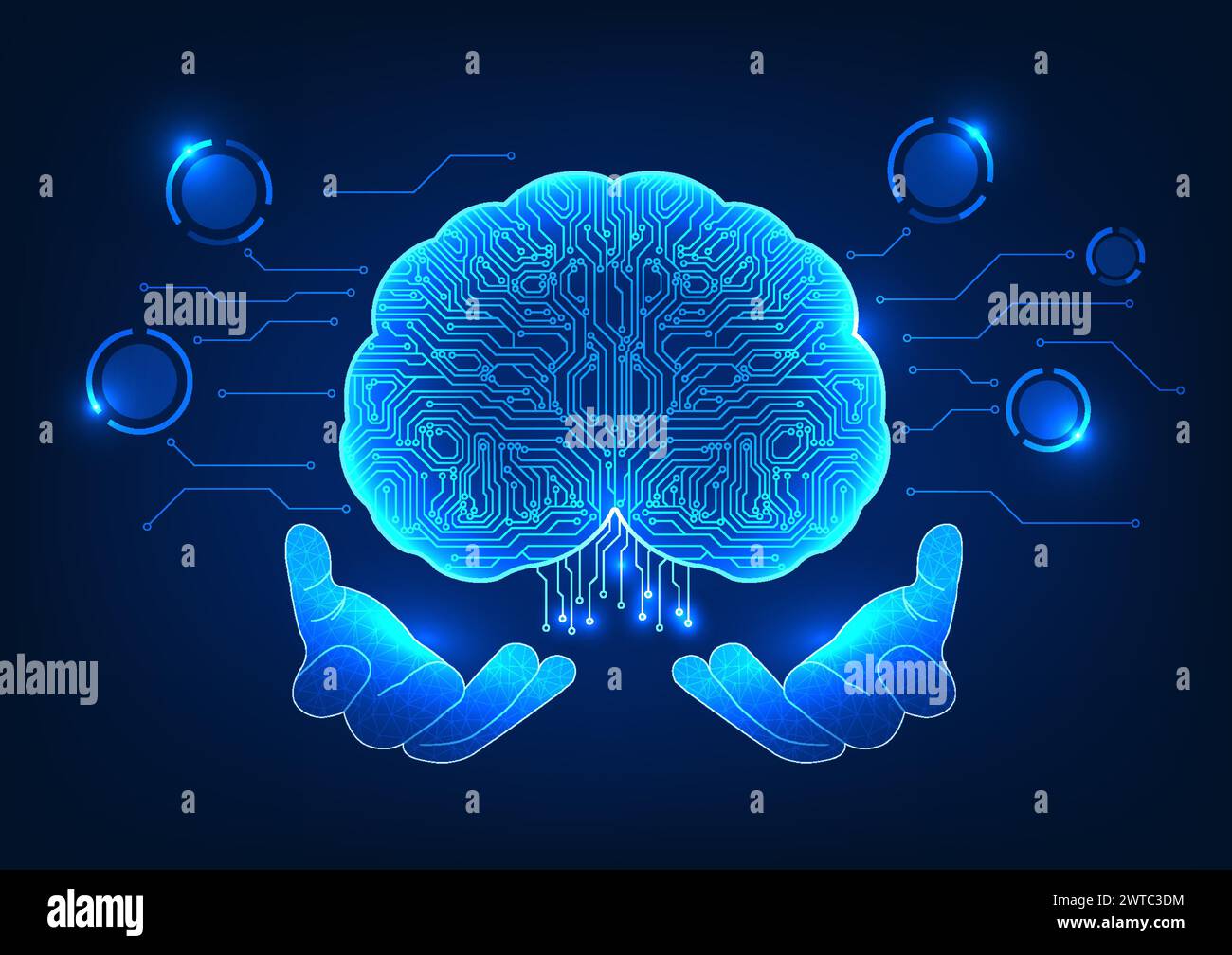 Artificial intelligence technology The hand holding the brain inside is a technological circuit. Shows AI technology that was created to help with ana Stock Vector