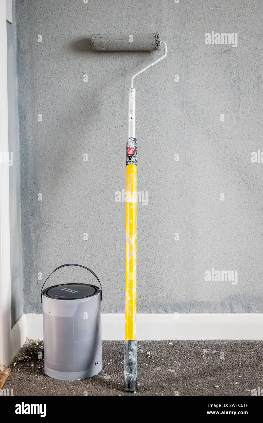 Paint roller extendable pole over painted woodchip wallpaper wall