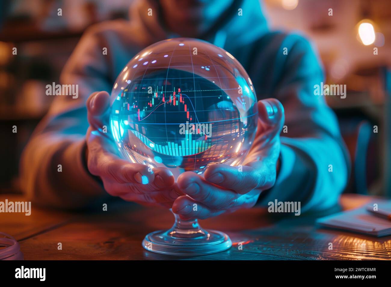 investor prediction, forecasting, stock market chart with candlestick in the crystal globe. High quality photo Stock Photo