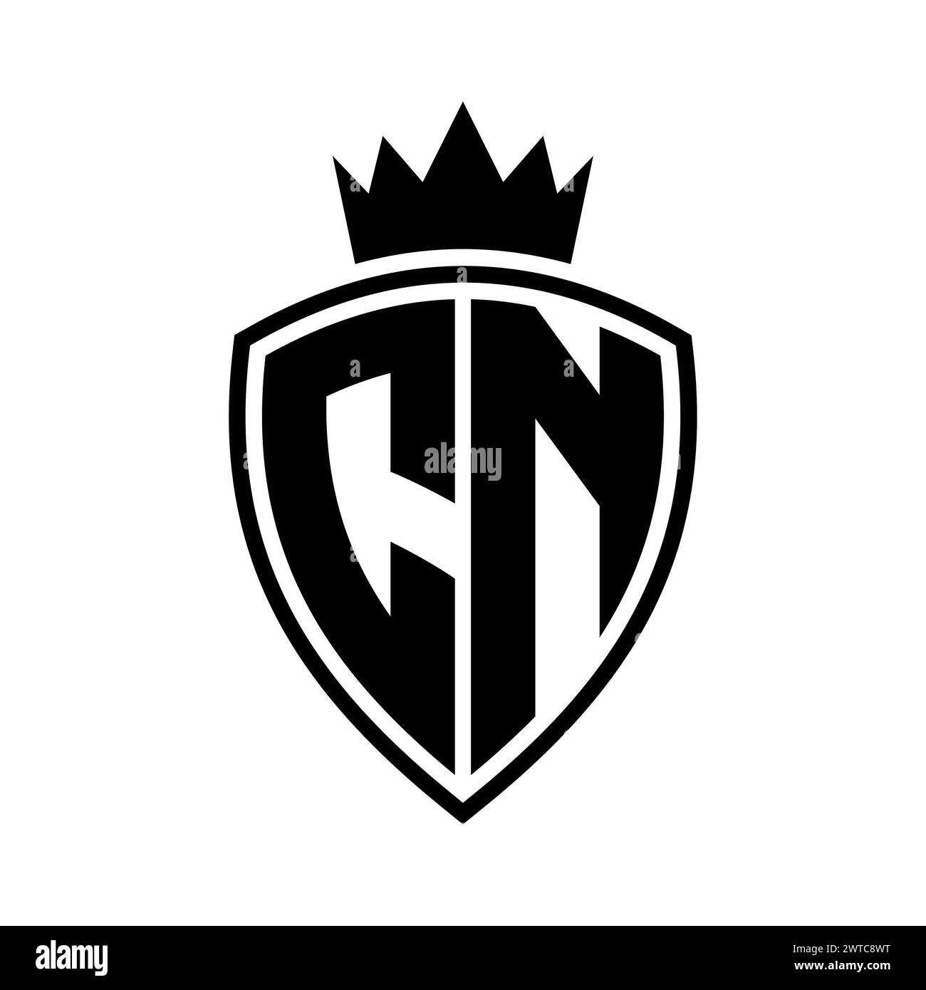 CN Letter bold monogram with shield and crown outline shape with black and white color design template Stock Photo