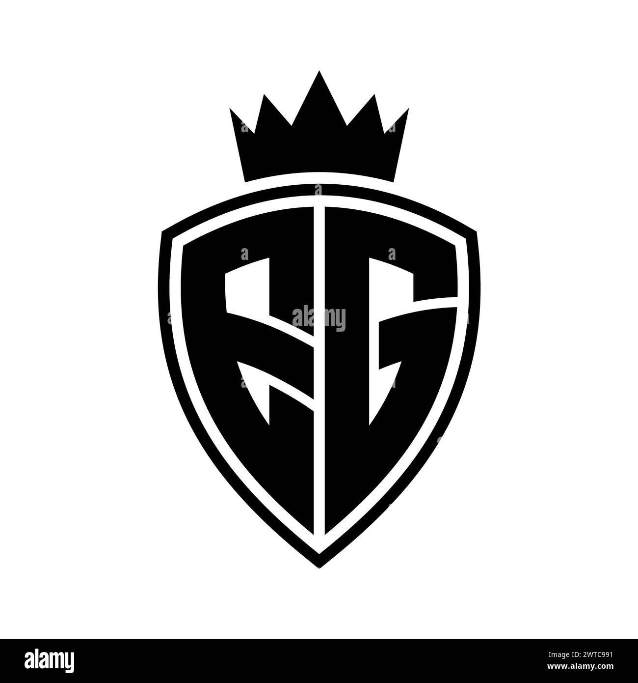 EG Letter bold monogram with shield and crown outline shape with black ...