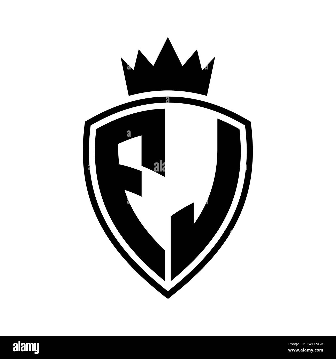 FJ Letter bold monogram with shield and crown outline shape with black ...