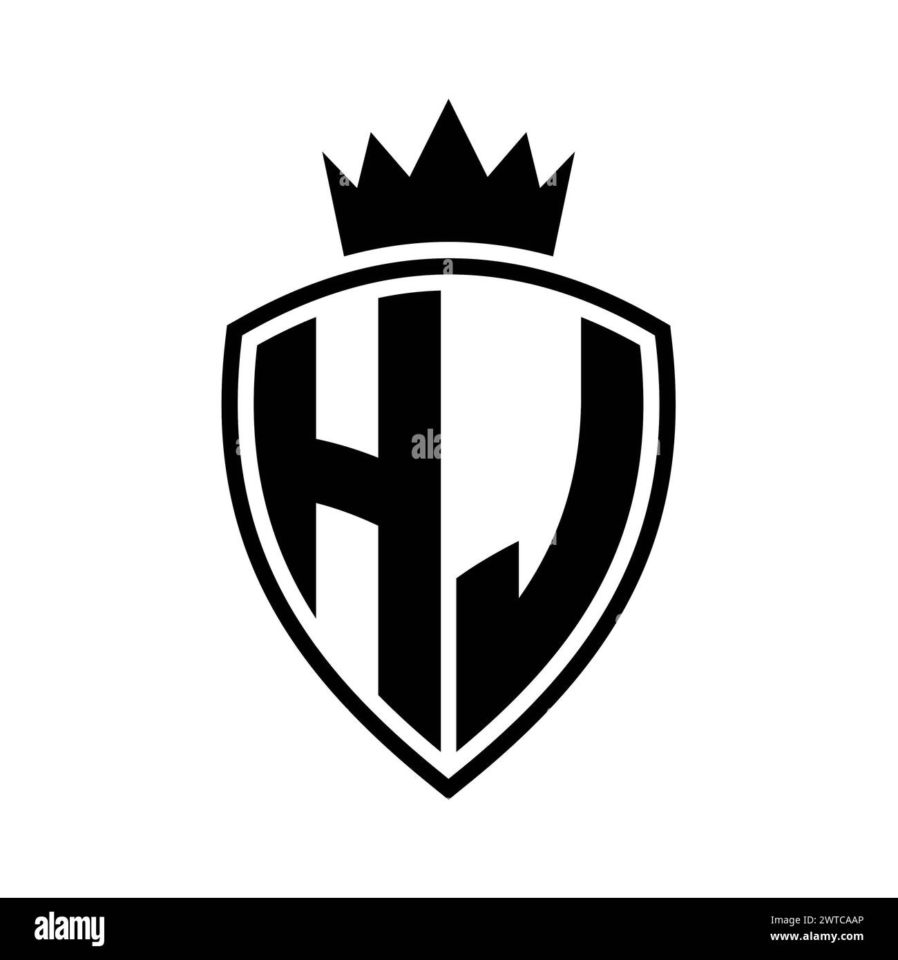 HJ Letter bold monogram with shield and crown outline shape with black ...
