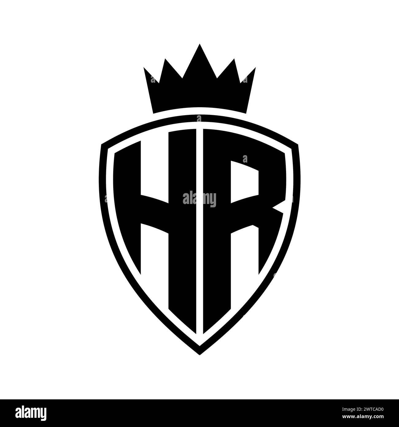 HR Letter bold monogram with shield and crown outline shape with black ...