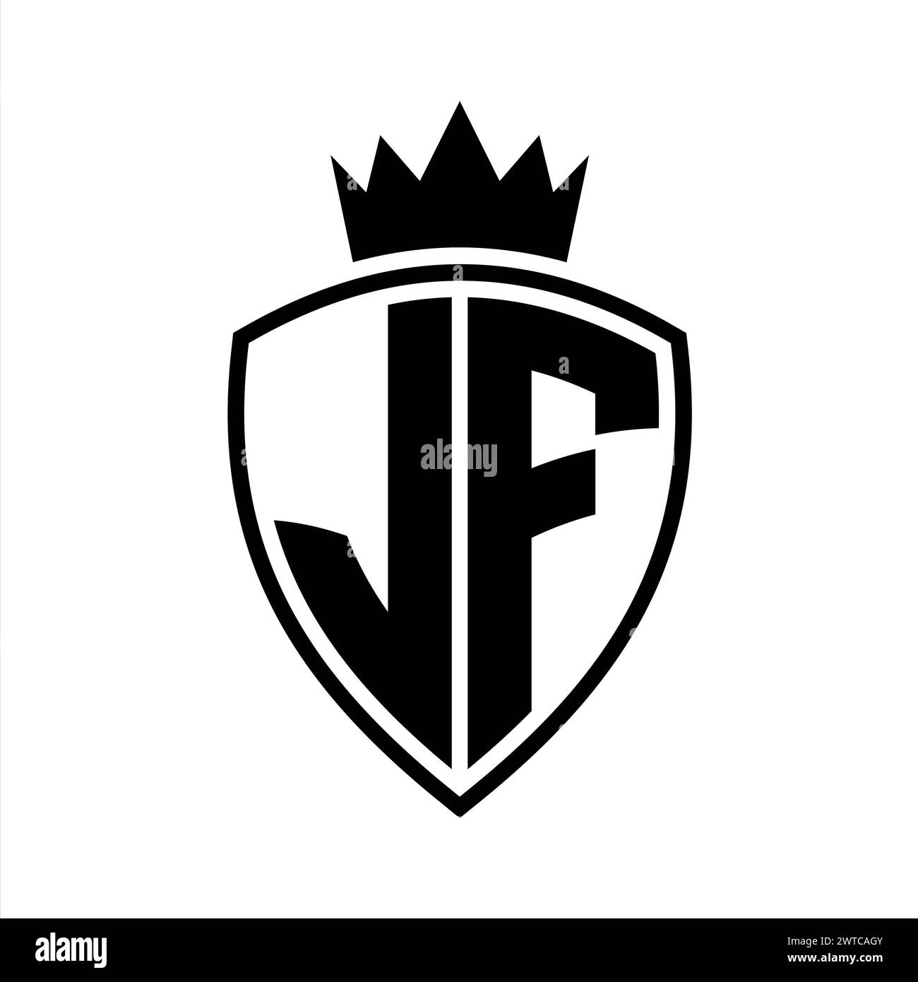 JF Letter bold monogram with shield and crown outline shape with black ...