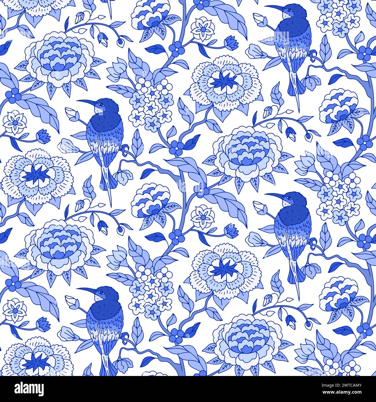 Seamless pattern with monochrome blue chinoiserie hand drawn flowers and birds motifs Stock Vector