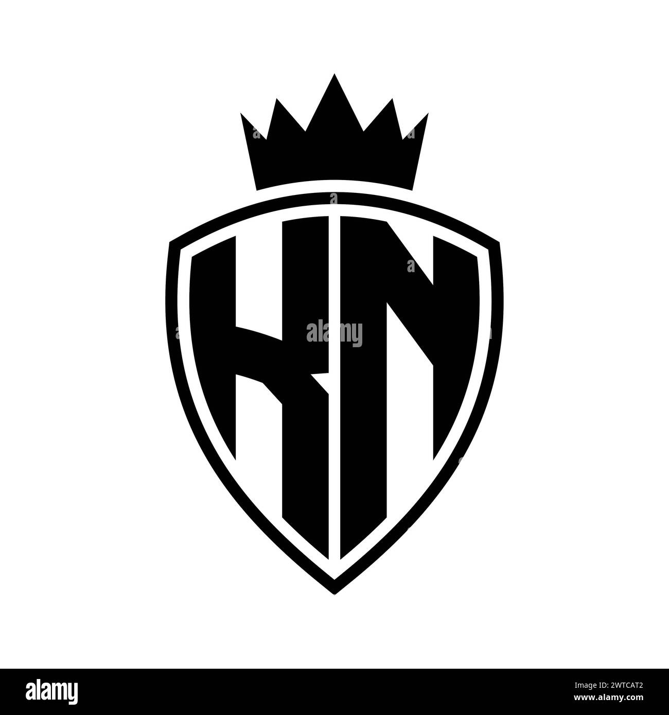 KN Letter bold monogram with shield and crown outline shape with black ...