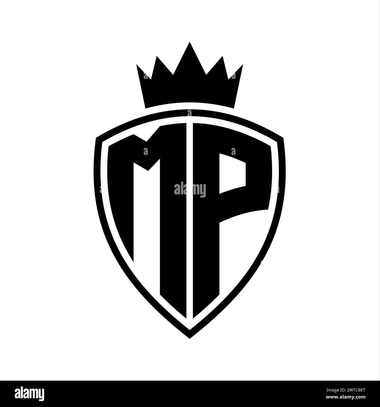MP Letter bold monogram with shield and crown outline shape with black ...