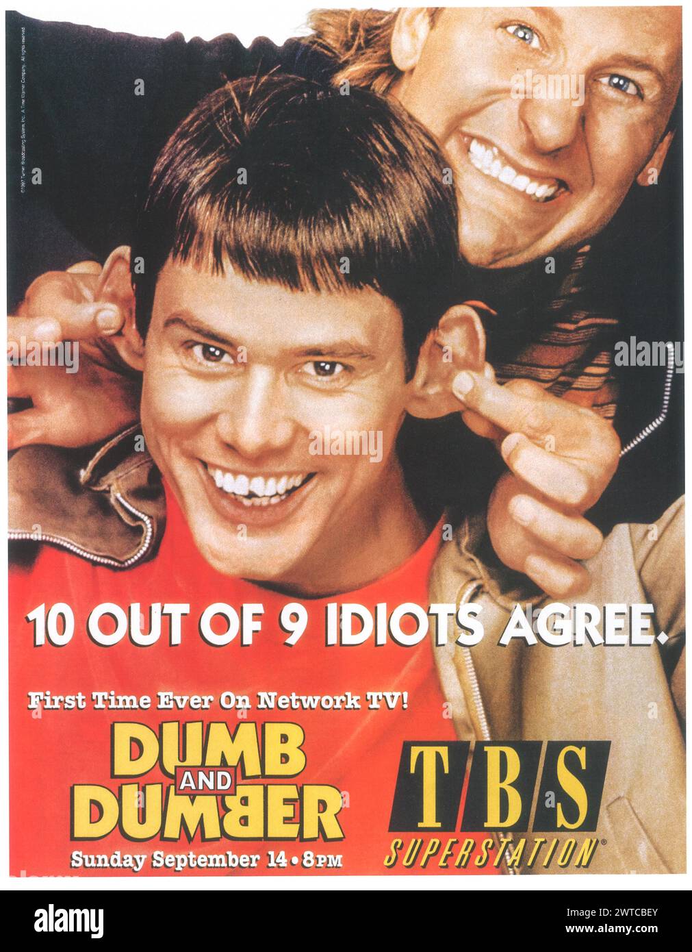 1997 Dumb and Dumber movie on TBS Superstation, Director: Peter Farrelly, with Jim Carrey, Jeff Daniels Stock Photo