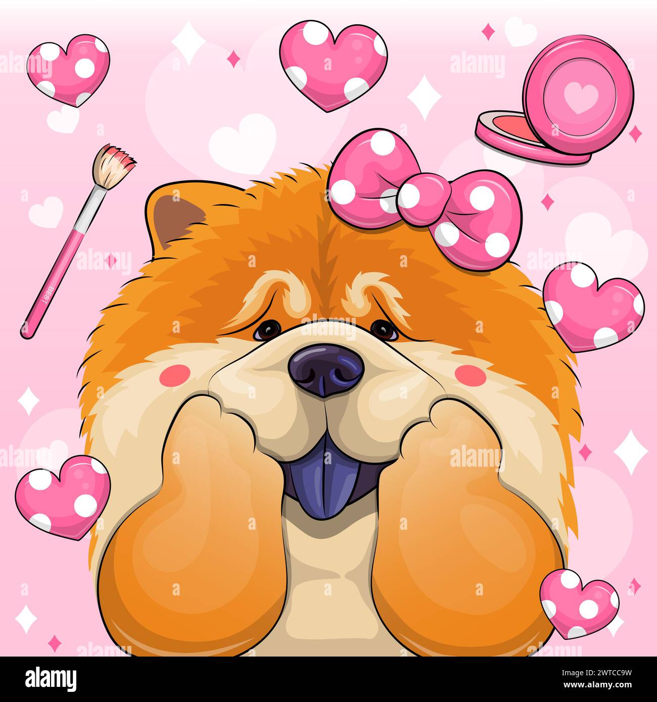 Cute cartoon chow chow dog with hair bow. Vector illustration of animal with blush and brush on pink background and heart. Stock Vector