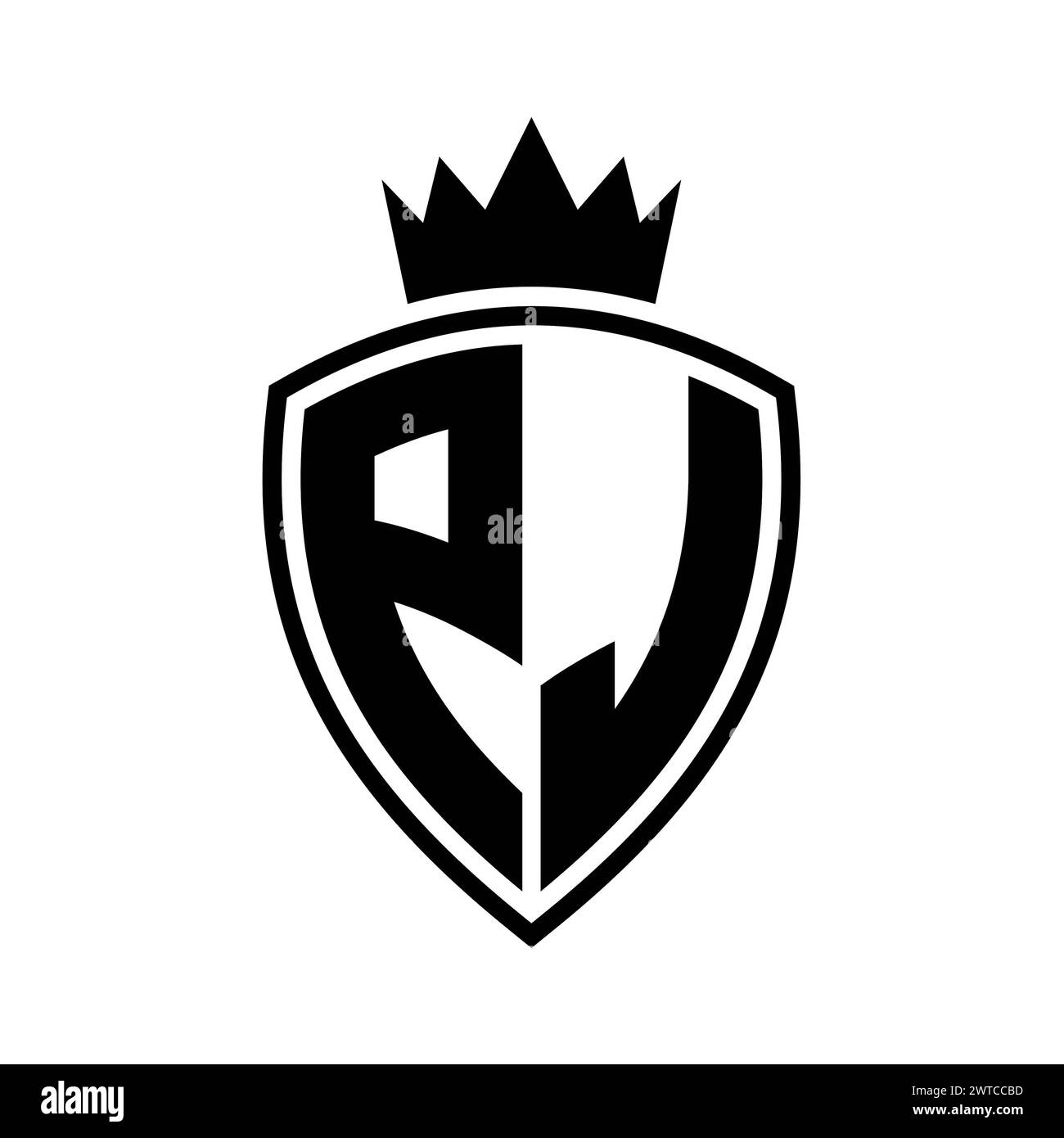 PJ Letter bold monogram with shield and crown outline shape with black ...