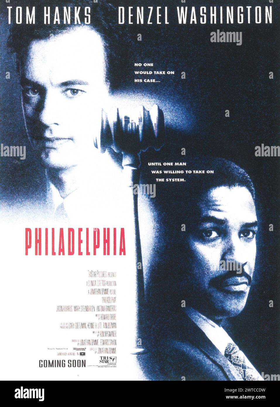 1993 Philadelphia film poster, directed by Jonathan Demme and starring Tom Hanks and Denzel Washington Stock Photo