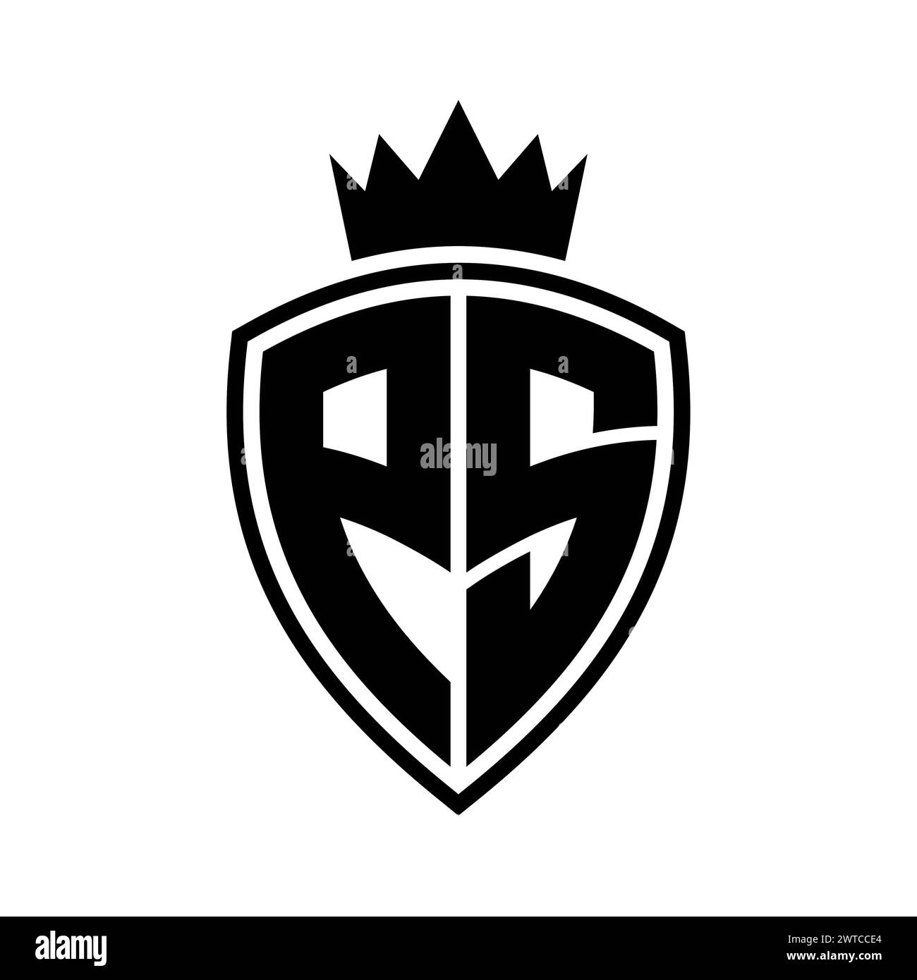 PS Letter bold monogram with shield and crown outline shape with black ...