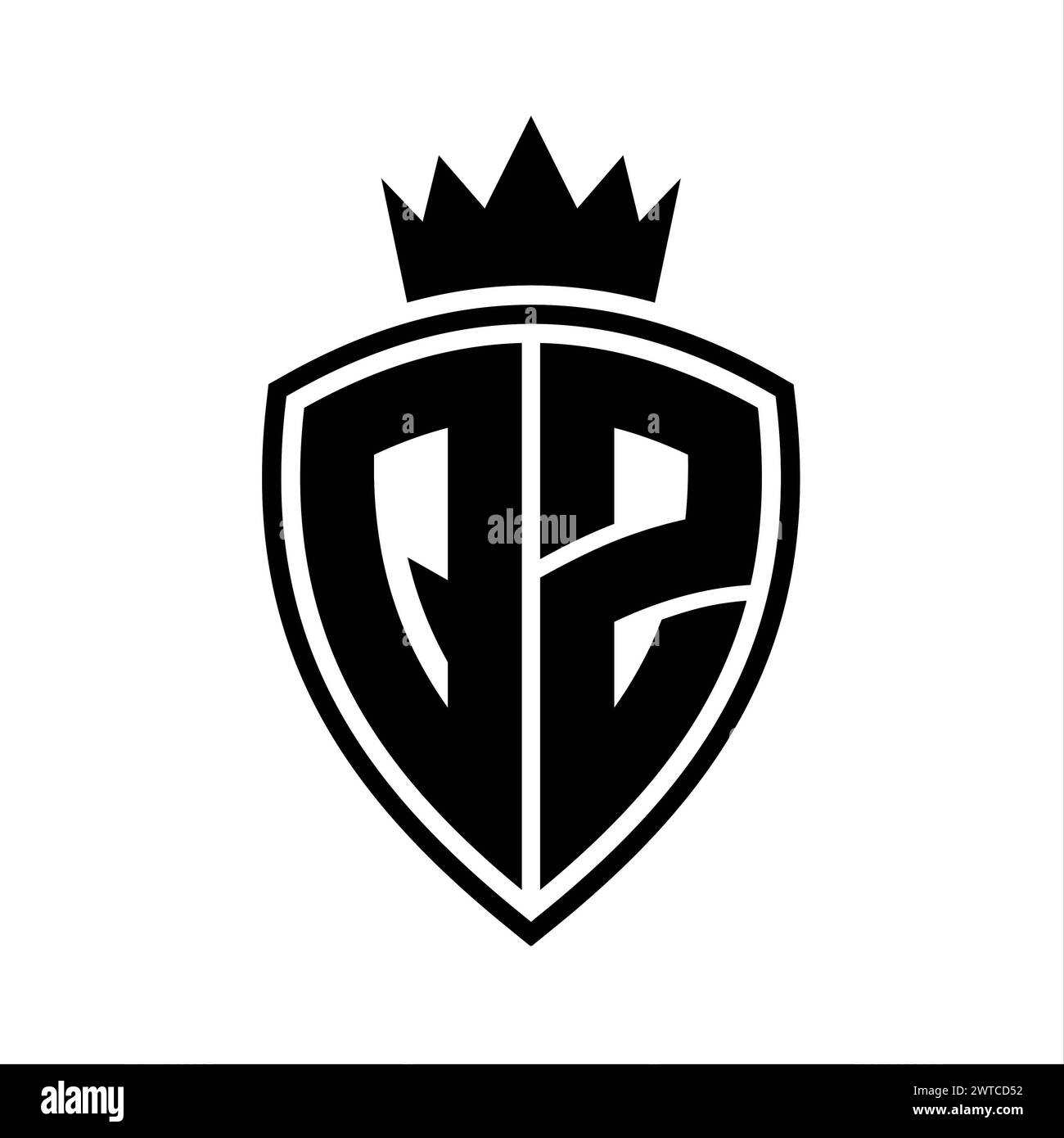 QZ Letter bold monogram with shield and crown outline shape with black ...