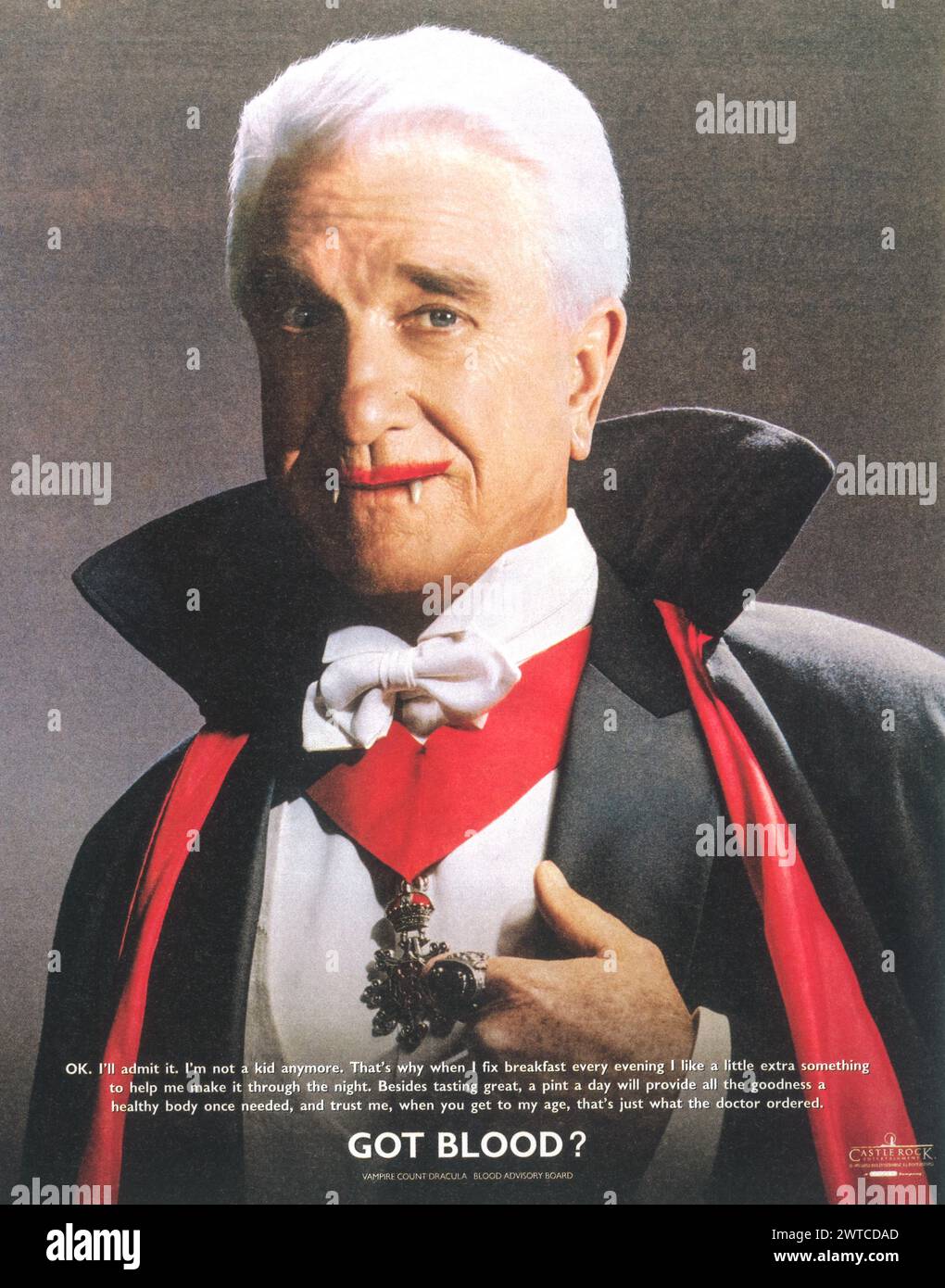 1995  DRACULA Got blood - 'Dead and loving it' film poster - comedy horror film directed by Mel Brooks, starring Leslie Nielsen Stock Photo