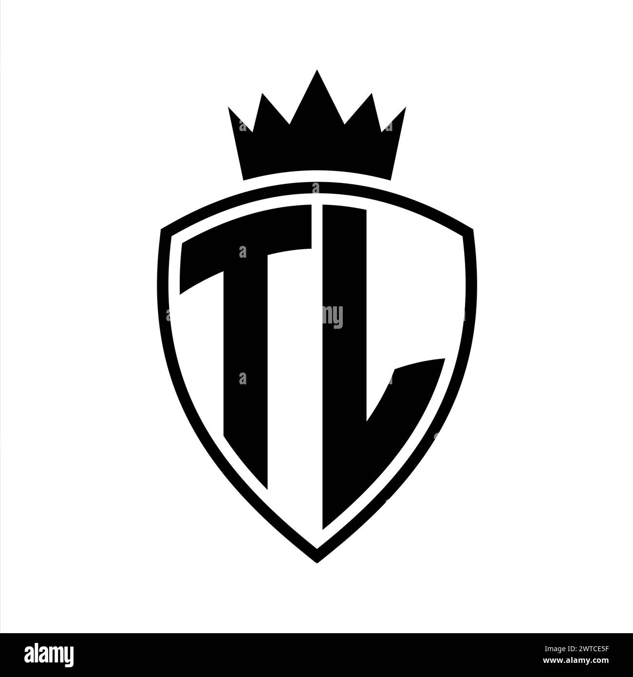 TL Letter bold monogram with shield and crown outline shape with black and white color design template Stock Photo