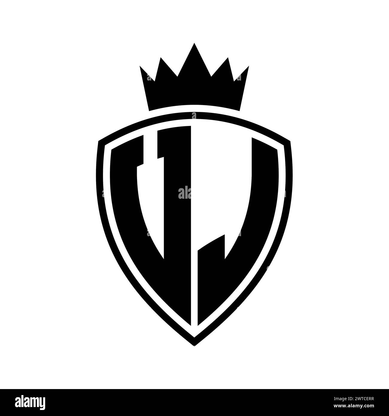 VJ Letter bold monogram with shield and crown outline shape with black ...