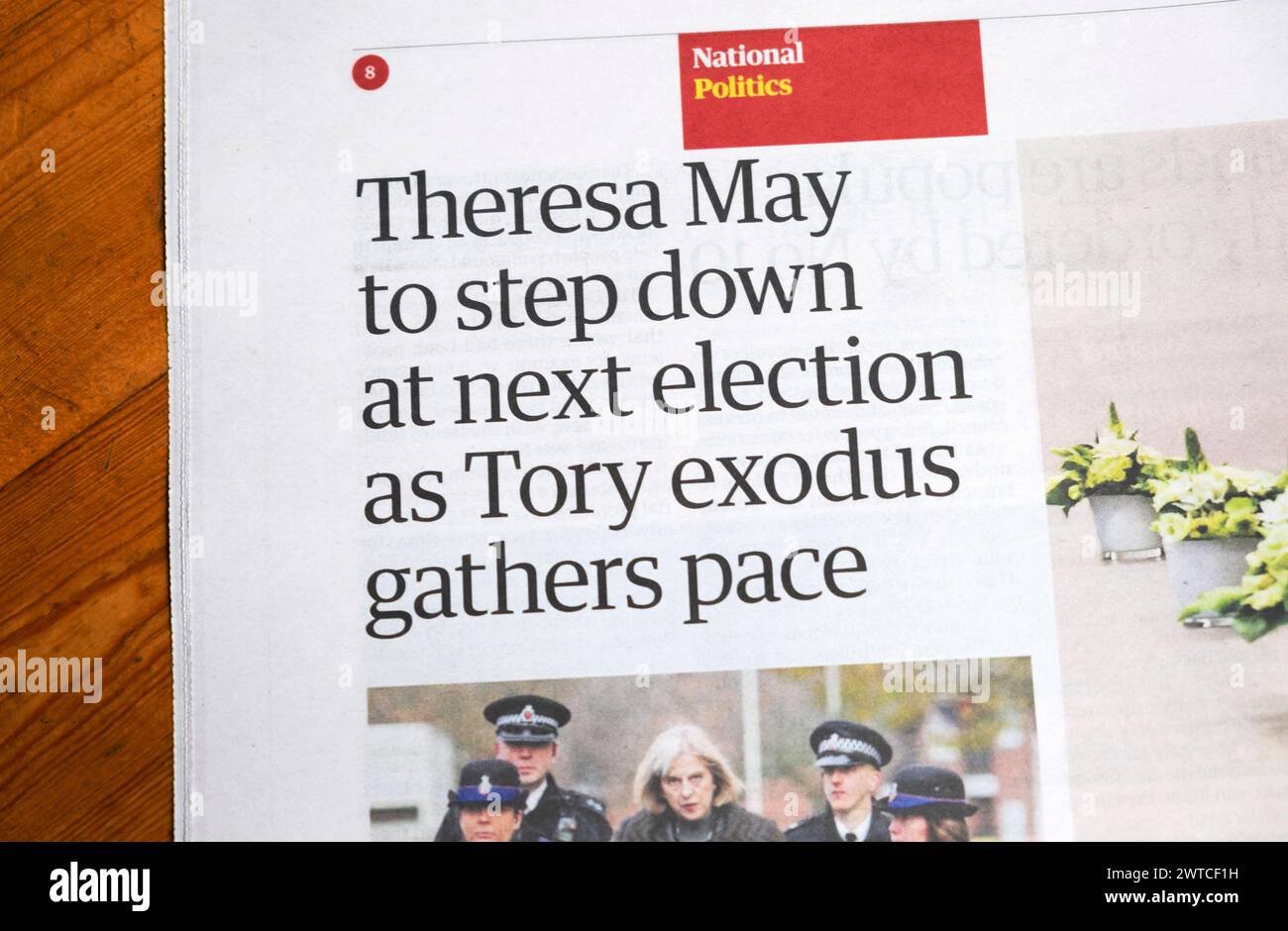 'Theresa May to step down at next election as Tory exodus gathers pace' Guardian newspaper headline British politics article 9 March 2024 London UK Stock Photo