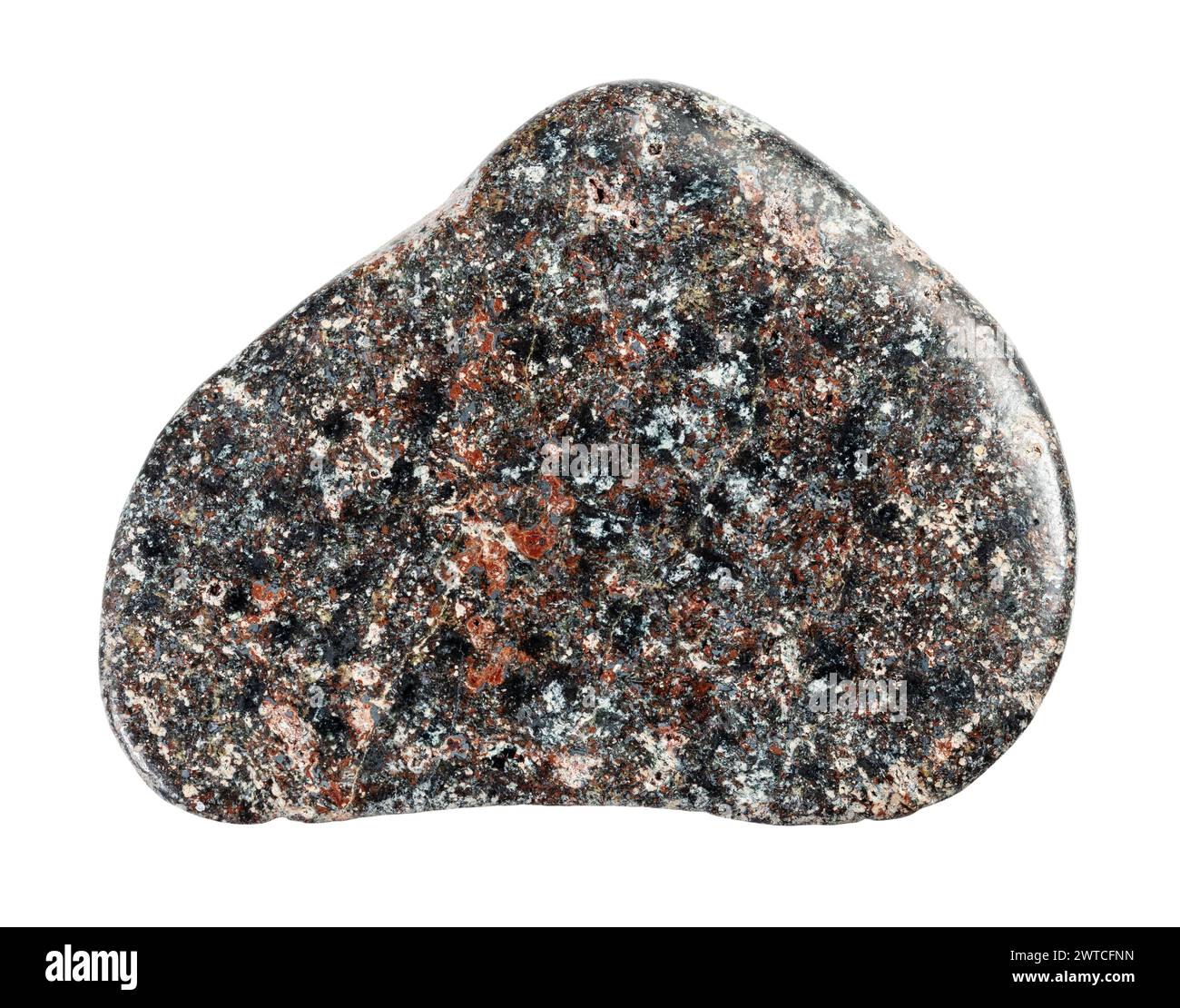 specimen of natural tumbled basalt with hematite rock cutout on white background Stock Photo