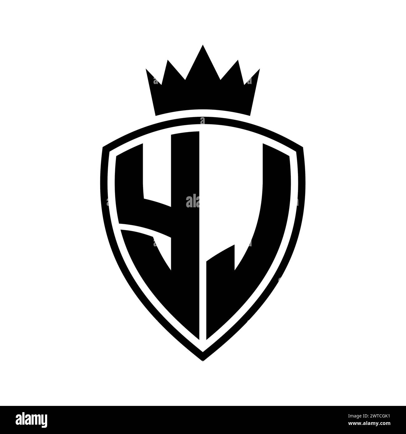 YJ Letter bold monogram with shield and crown outline shape with black ...