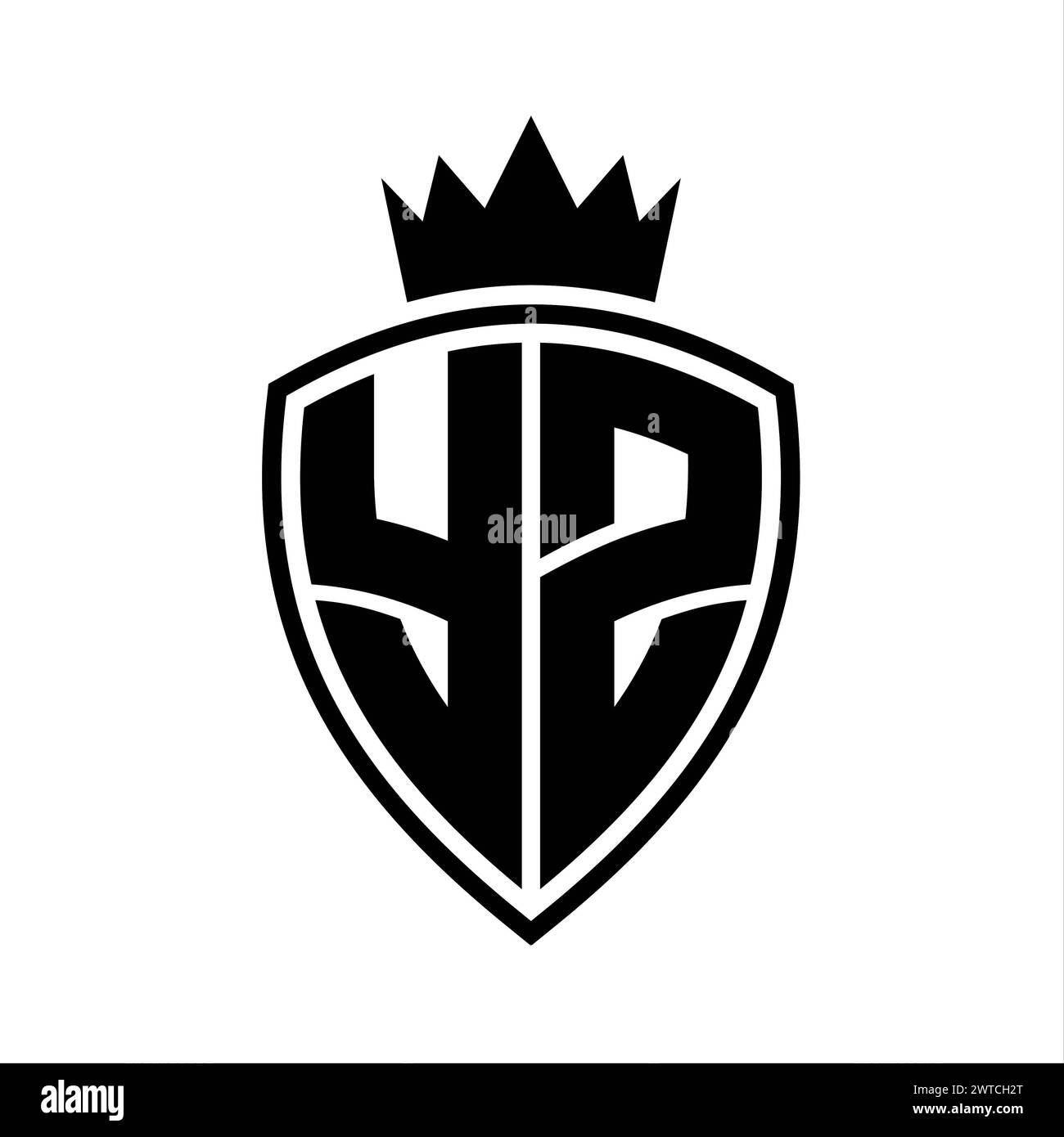 YZ Letter bold monogram with shield and crown outline shape with black ...