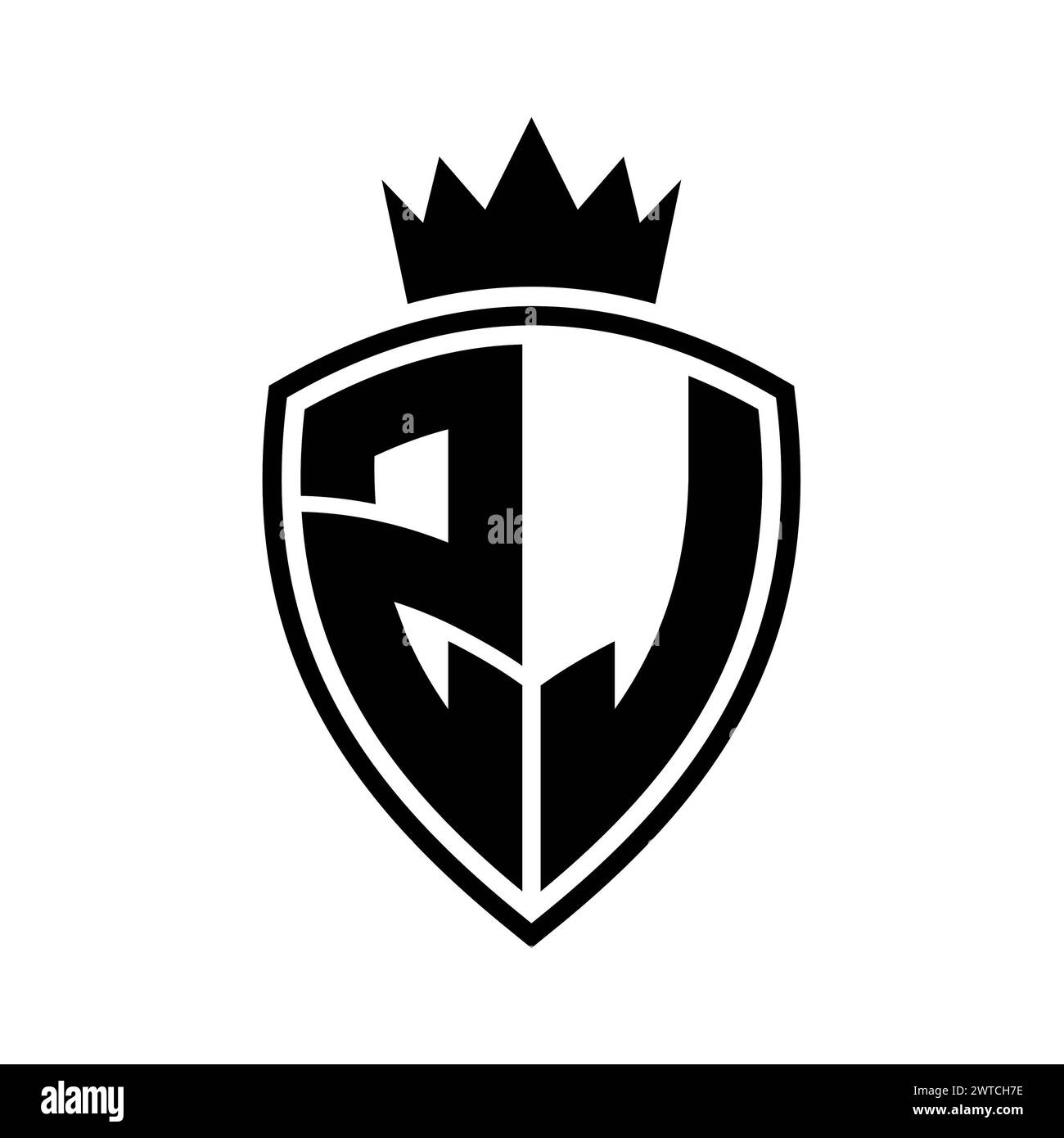 ZJ Letter bold monogram with shield and crown outline shape with black ...