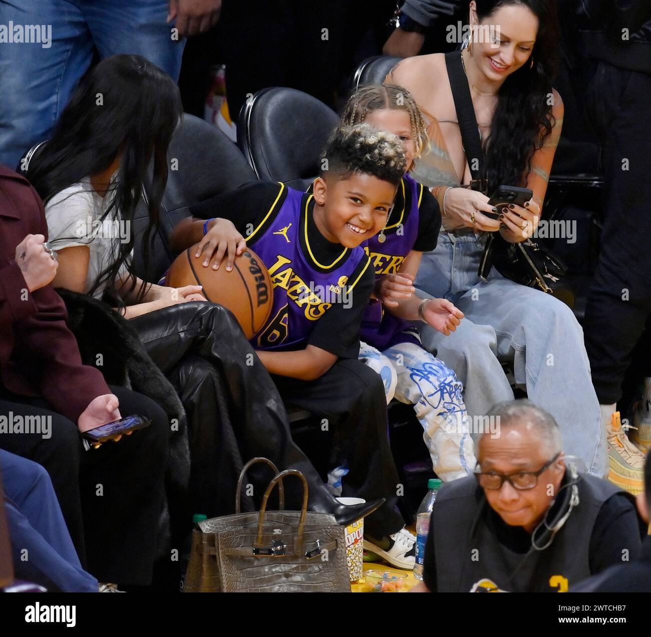 Los Angeles, United States. 16th Mar, 2024. Kim Kardashian and son Saint West sit court side during the Los Angeles Lakers/Golden State Warriors NBA game at Crypto.com Arena in Los Angeles on Saturday, March 16, 2024. Photo by Jim Ruymen/UPI Credit: UPI/Alamy Live News Stock Photo