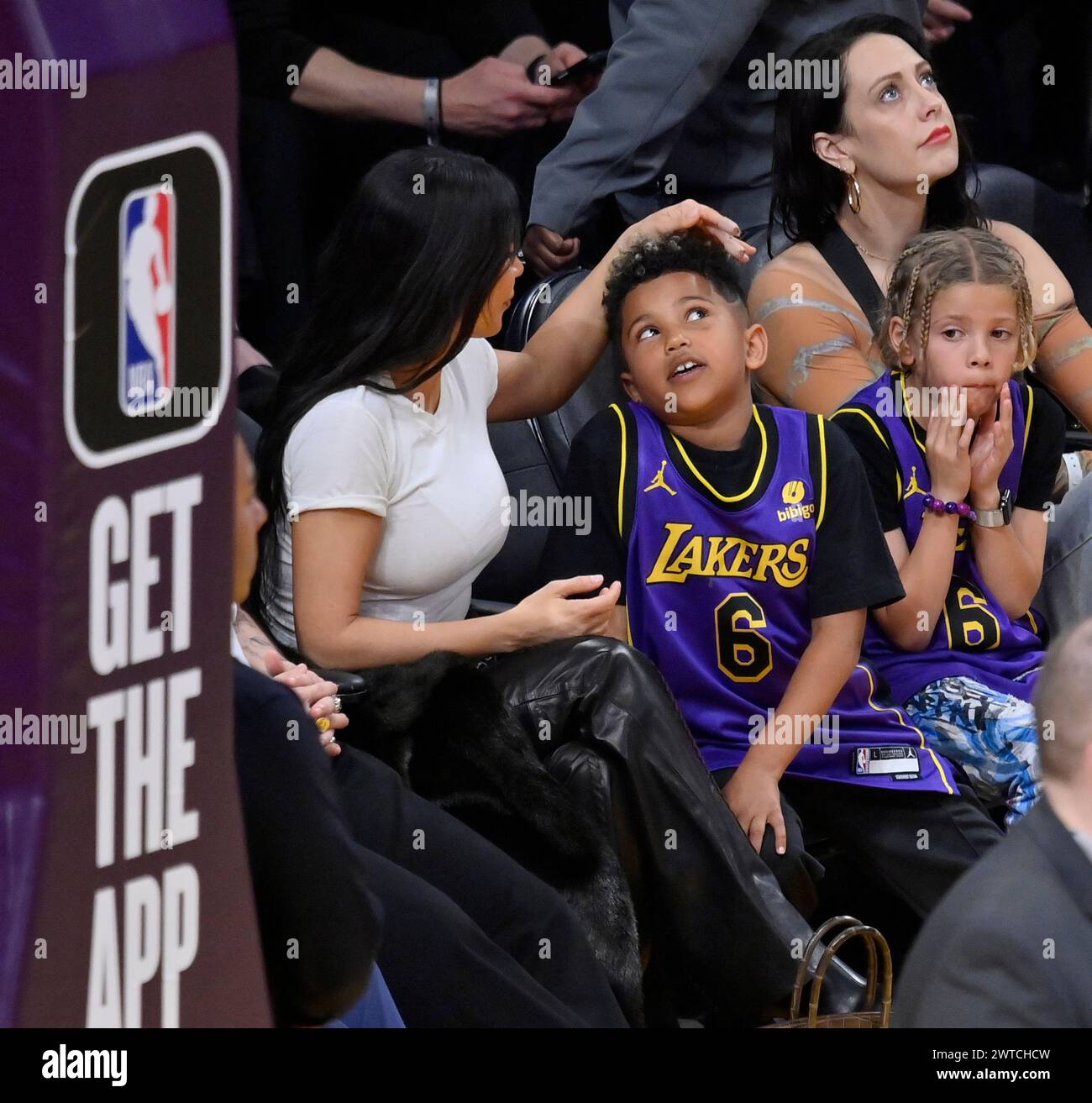 Los Angeles, United States. 16th Mar, 2024. Kim Kardashian and son Saint West sit court side during the Los Angeles Lakers/Golden State Warriors NBA game at Crypto.com Arena in Los Angeles on Saturday, March 16, 2024. Photo by Jim Ruymen/UPI Credit: UPI/Alamy Live News Stock Photo