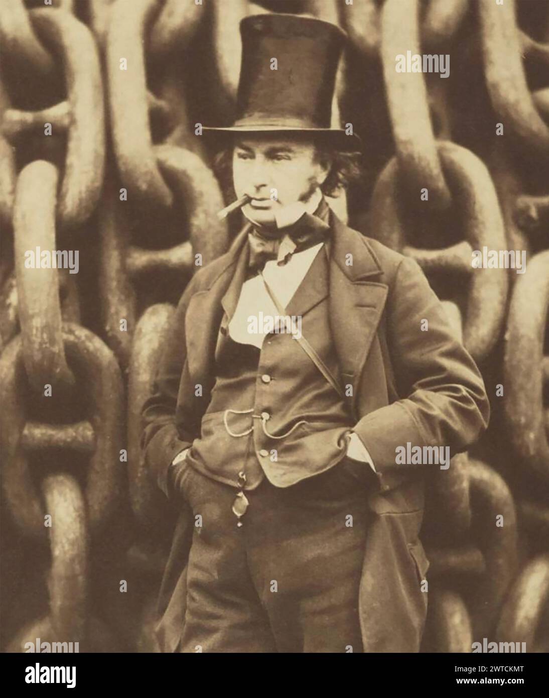 ISAMBARD KINGDOM BRUNEL  (1806-1859) British civil engineer and mathematician detail of the  photograph in front of the launching chains of the SS Great Britain by Robert Howlett in 1857 Stock Photo