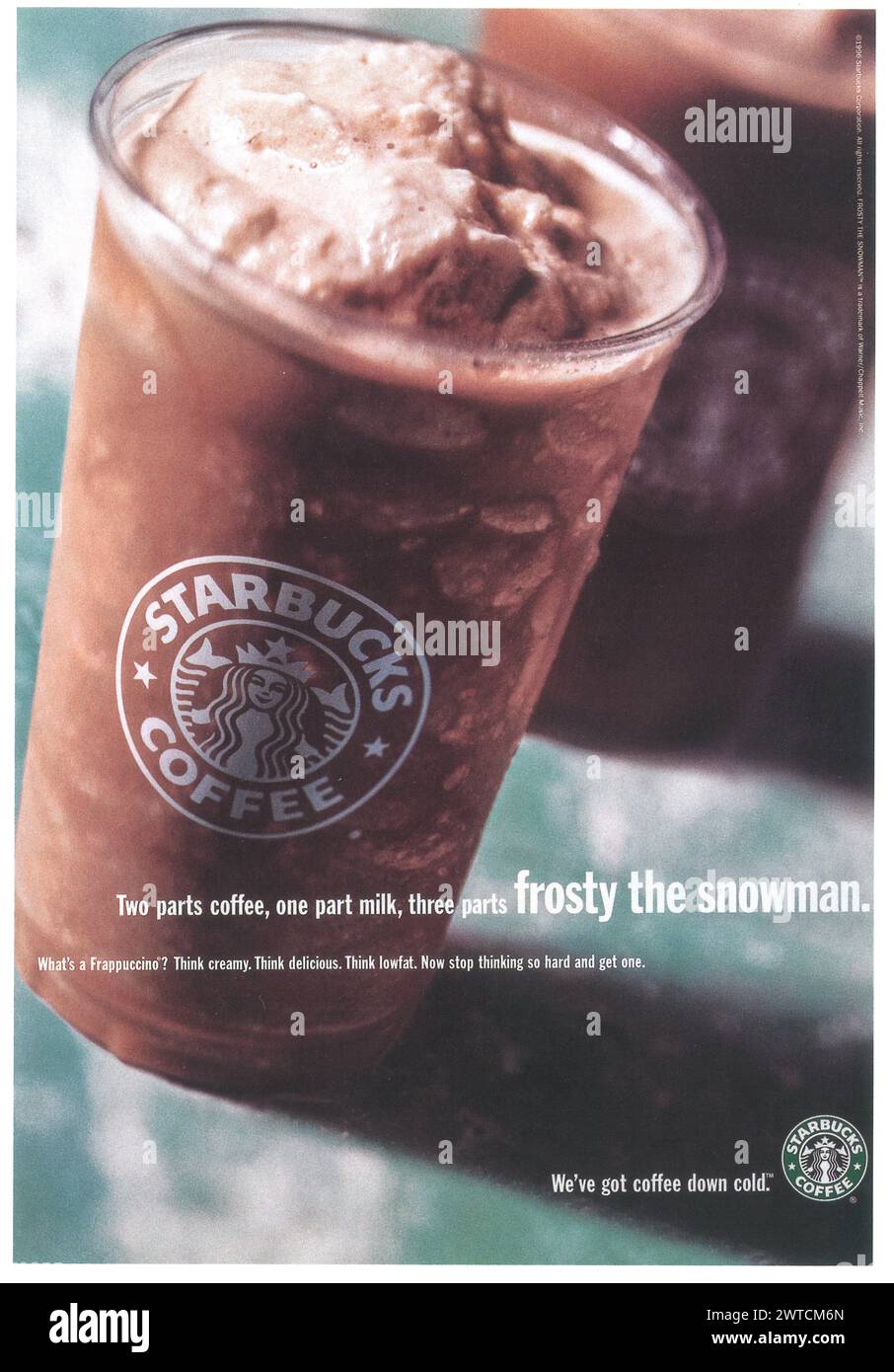 1996 Starbucks Frappuccino coffee in a cup print ad. 'We've got coffee down cold.' Stock Photo