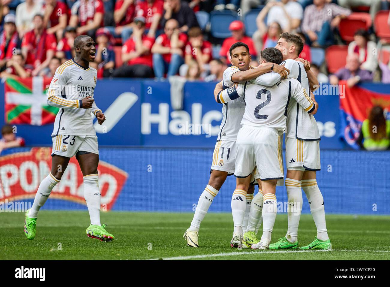 Pamplona, Spain. 16th Mar, 2024. Real Madrid team players celebrate after scoring a goal during the LaLiga EA Sports match between Osasuna and Real Madrid at El Sadar Stadium. Final score; Osasuna 2:4 Real Madrid. Credit: SOPA Images Limited/Alamy Live News Stock Photo