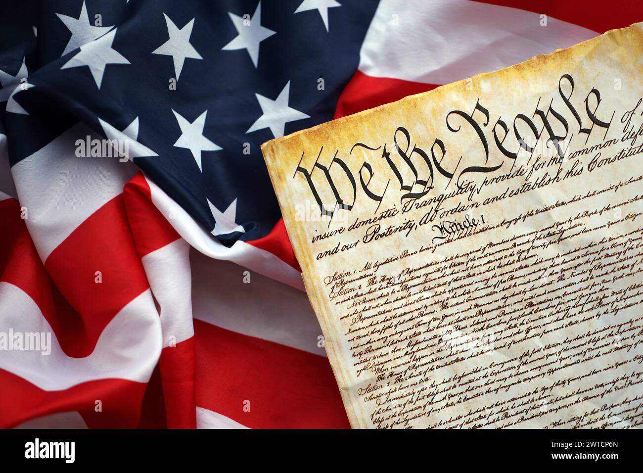 Preamble To The Constitution Of The United States And American Flag Old Yellow Paper With We