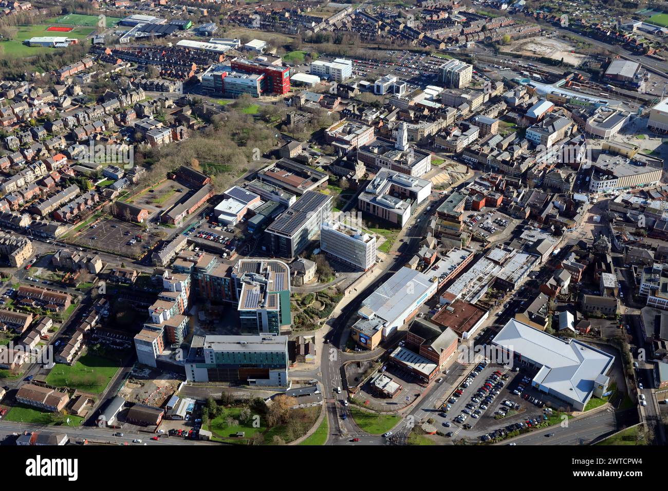 a 2024 aerial view of Barnsley town centre looking ENEast up Peel Street & Shambles Street, South Yorkshire Stock Photo