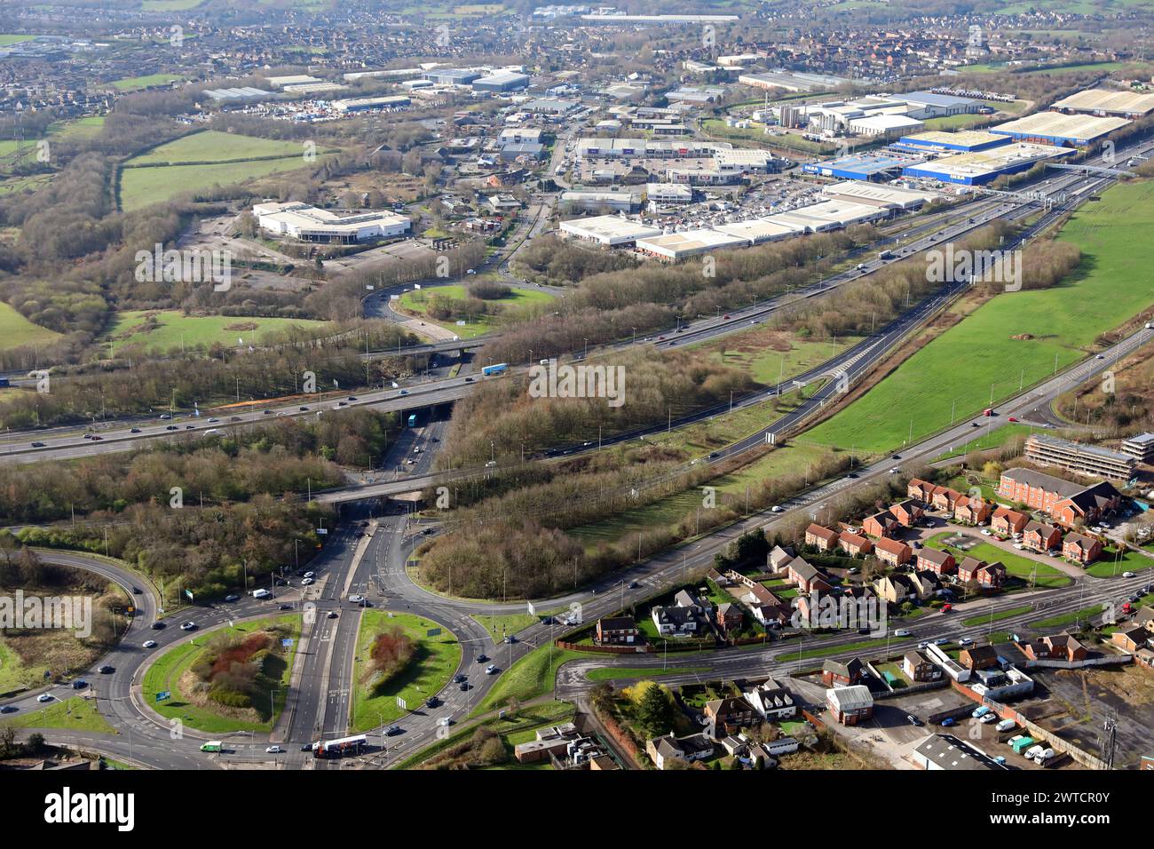 aerial view of junction 27 of the M62 motorway looking west towards Birstall, West Yorkshire Stock Photo