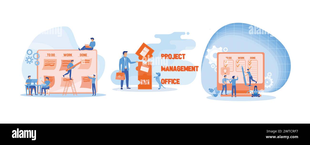 Office work and time management. Project Management Office acronym. Agile visual project management method. Set flat vector modern illustration Stock Vector