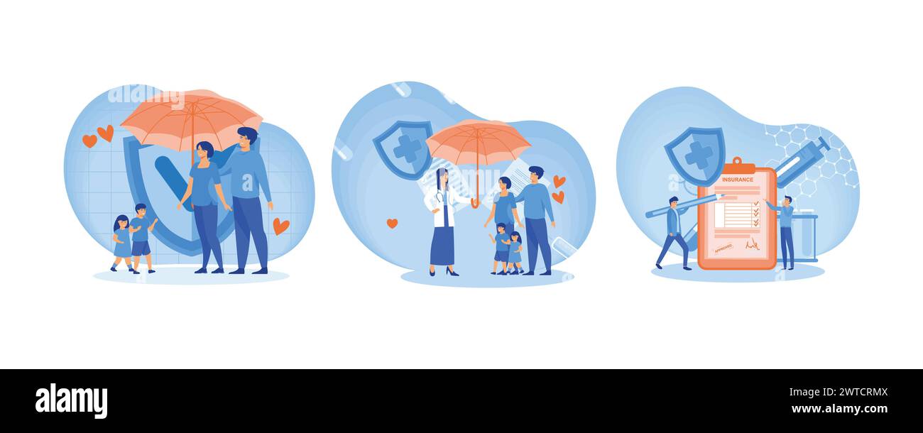 Family standing under insurance umbrella together. Doctor and Patients in Hospital filling Health and Life Insurance Policy Contract. Man fills out he Stock Vector