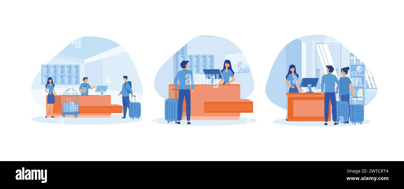 Hotel reception concept. Male customer standing at reception desk and talking to female receptionist. Scene of a visit to a service center. Set flat v Stock Vector