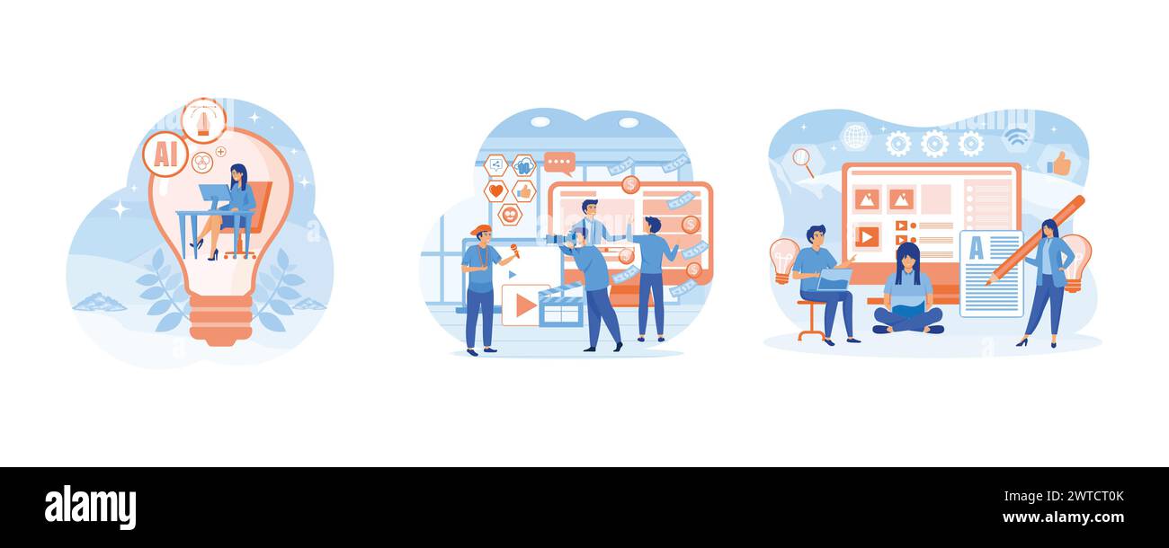 Content creation, creative person concept. Video content creator team. Freelancer, blogger, content creator, copy writer with characters using device. Stock Vector