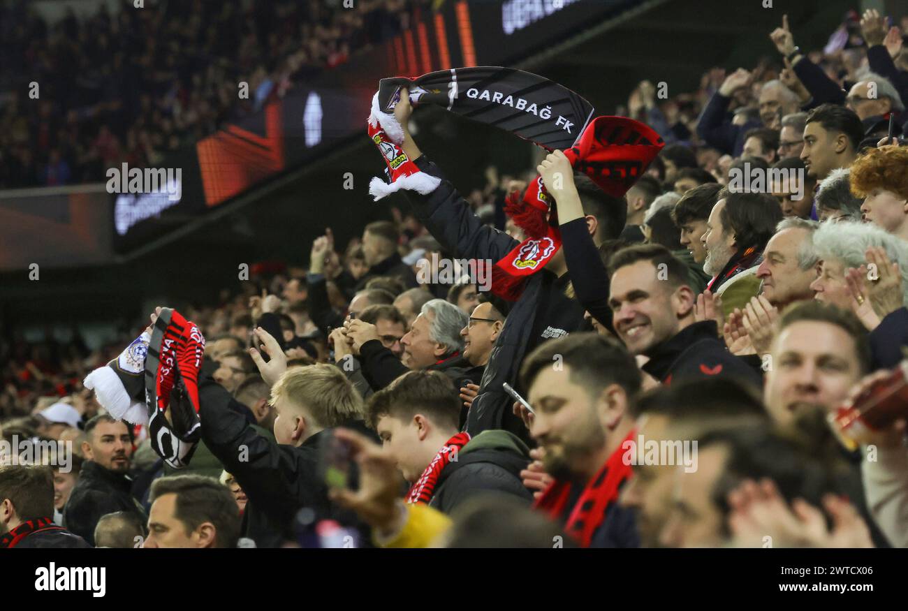 Leverkusen, Deutschland. 14th Mar, 2024. firo: 03/14/2024 Football, Soccer, Men's Round of 16 UEFA Euro League Europaleague Euro League Bayer Leverkusen - Qarabag Agdam Fans BAyer Credit: dpa/Alamy Live News Stock Photo