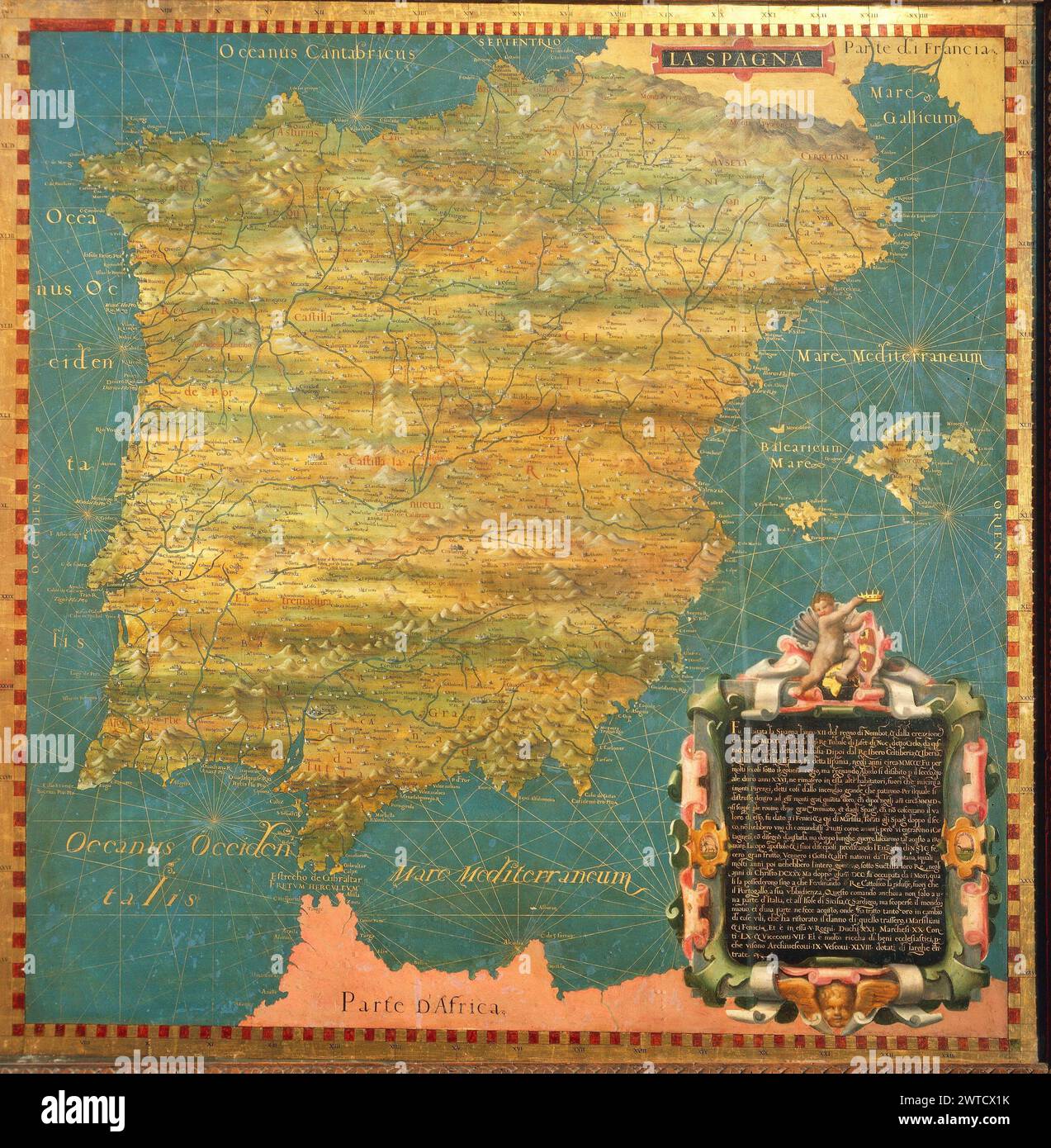 Map of the Iberian peninsula - Hall of Geographical Maps , Florence Palazzo Vecchio, 1500 Antique world maps Stock Photo