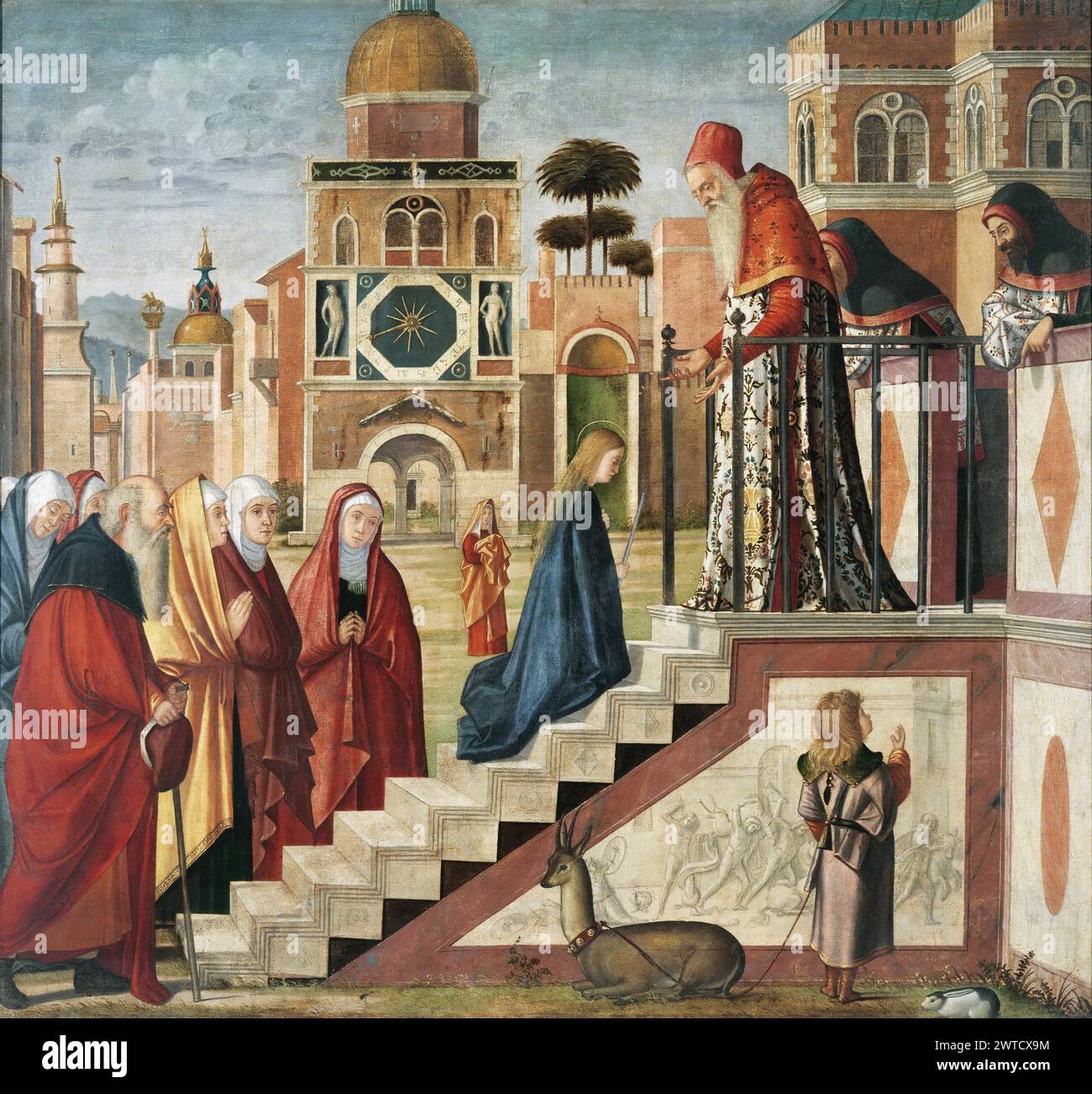 Vittore Carpaccio – Presentation of the Virgin 1504-06. 130x137 Stock Photo