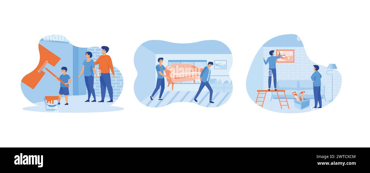 Home repair services, professional workers. Guys move sofa furniture in room. Home repair services, professional workers Ladders for repair tools. Set Stock Vector