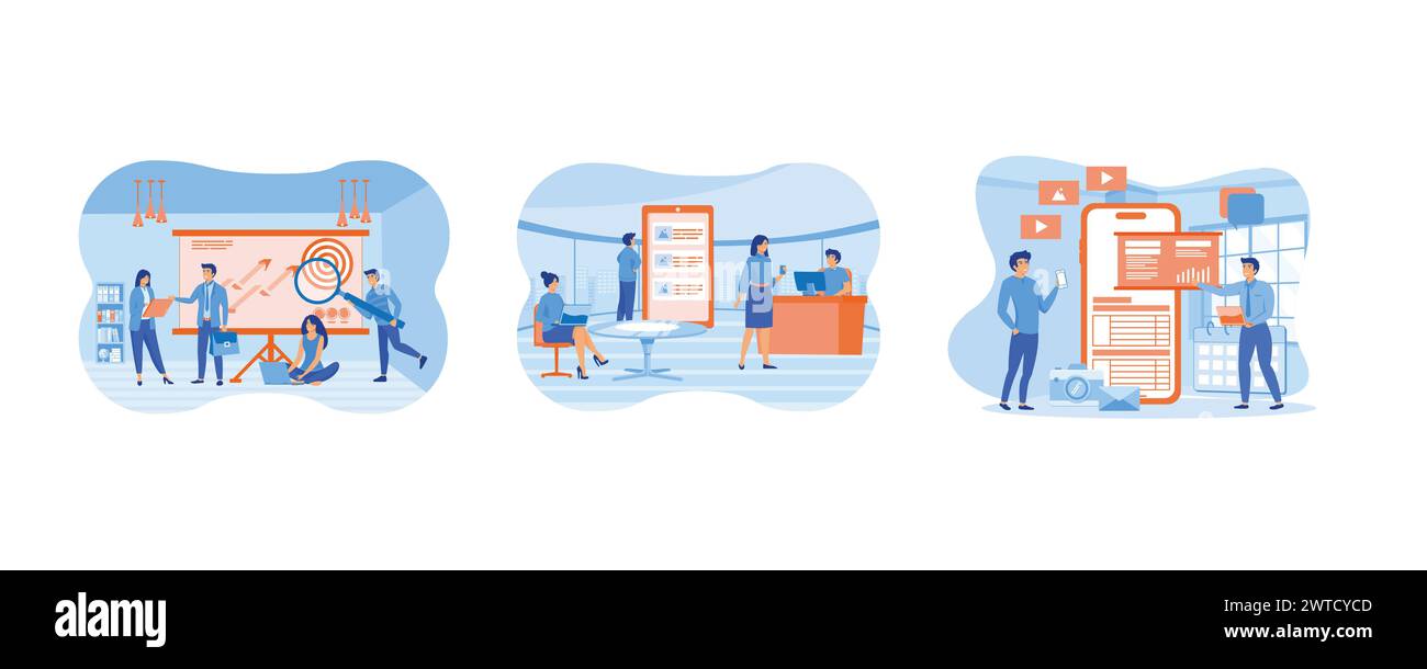 Business development and career growth concept. Mobile application development and design process with business team working. Business development con Stock Vector