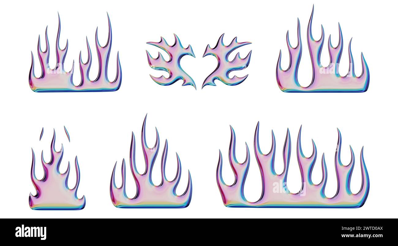 3D flames. Set of trendy Y2K elements. Chrome burning fire shapes with glossy liquid metal effect. 3D render. Isolated illustrations. Stock Photo