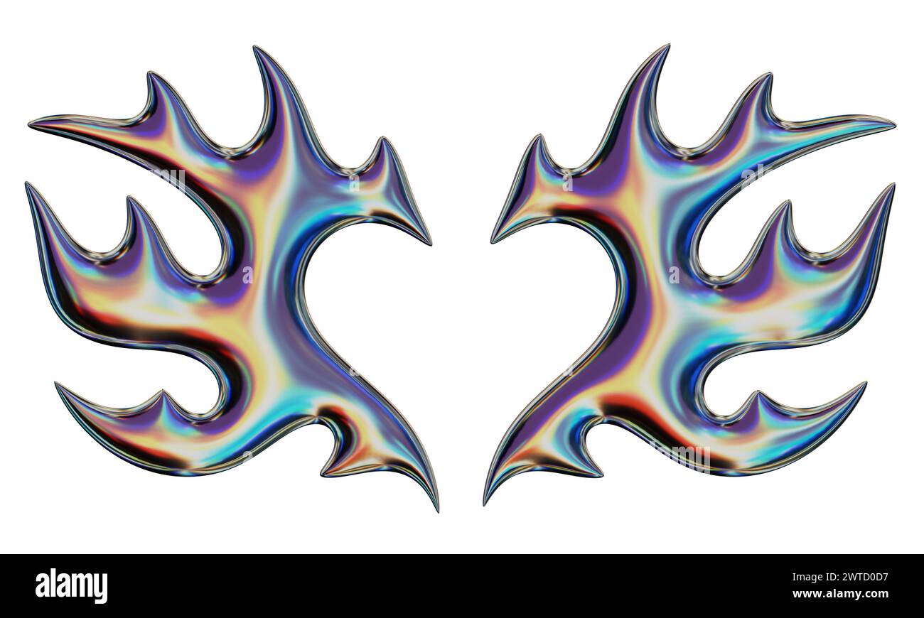 3D flame in the shape of wings and a heart. Trendy Y2K element. Iridescent colorful burning fire shape with glossy gradient effect. 3D render. Isolate Stock Photo