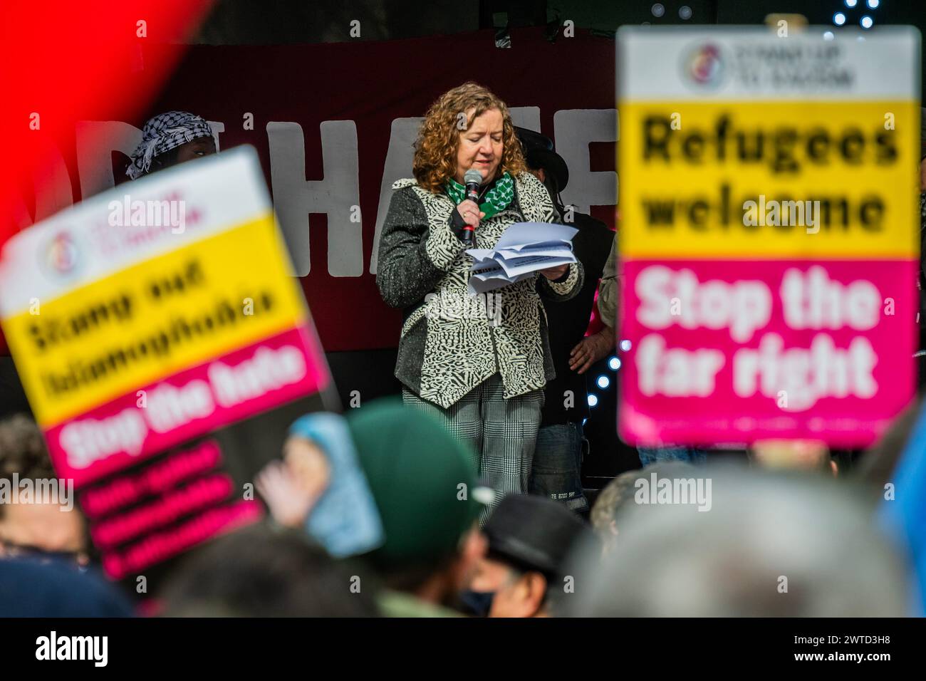 London, UK. 16 Mar 2024. A rally and speeches (incl by Fran Heathcote the general secretary of the Public and Commercial Services union (PCS)) the home office with a lot of emphasis on the Dianne Abbott scandal - A Stop Racism, Stop the Hate demonstration in London. It was organised by Stand Up To Racism in conjunction with #HouseAgainstHate, @R3SoundSystem and @lmhrnational supported by 17 trade unions, The Muslim Council of Britain Jewish Socialists' Group other faith groups and the TUC. Credit: Guy Bell/Alamy Live News Stock Photo